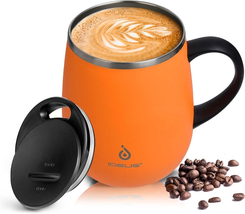 ideus 16 oz Insulated Coffee Mug with Handle and Lid, Double Wall Stainless Steel Vacuum Thermal Coffee Mug, Travel Coffee Cup Thermal Cup for Home and Office, Orange Tiger - Image 1